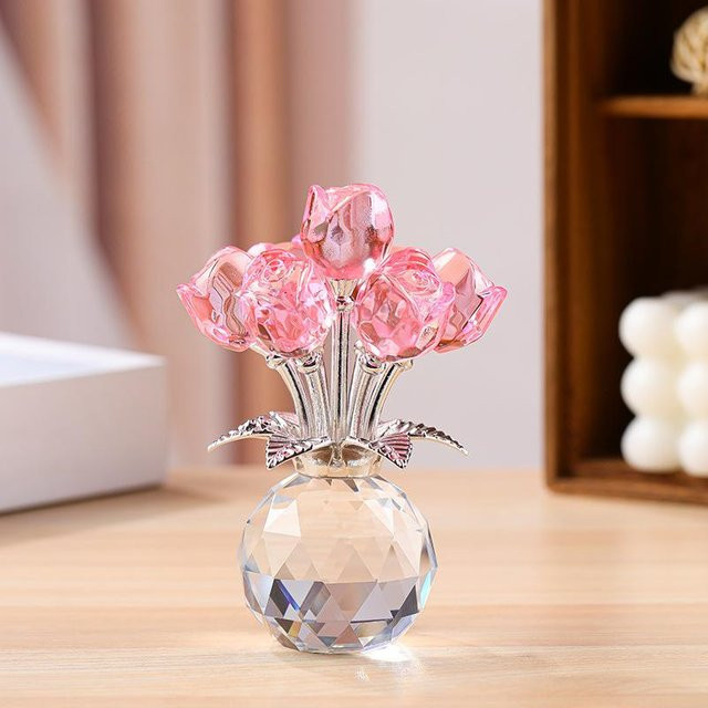 HKyo Kristallrosen-Skulptur in Pink, handgefertigte Glas-Dekoration im floralen Design für Tischdekoration und romantische Anlässe - Bild 1