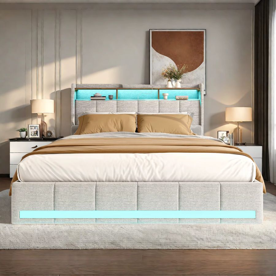 Rosahqnda Polster-Doppelbett in Beige mit Stauraum, 4 Schubladen und LED-Beleuchtung, B/T/H: 160 x 200 cm - Bild 3