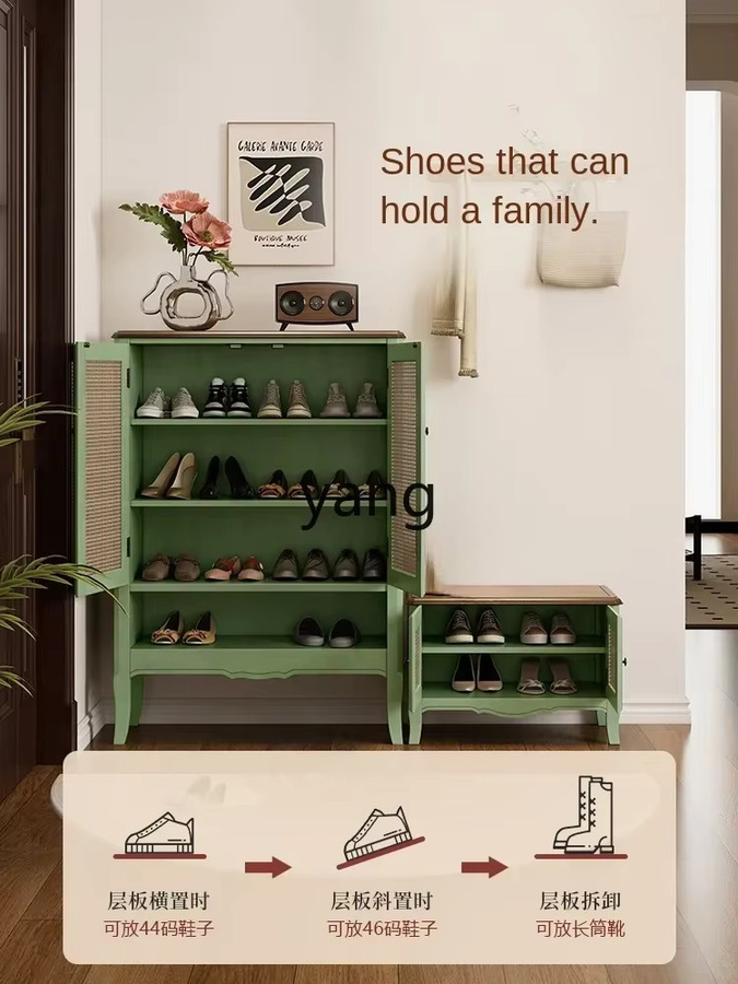 Lmm Retro-Schuhschrank aus Massivholz in Grün mit Türen und offenen Regalfächern für Flur und Wohnzimmer - Bild 3