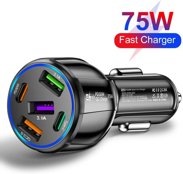 75 W USB Typ C Auto Ladegerät mit 5 Ports, PD Quick Charge 3.0 Schnellladegerät für iPhone, Samsung, Xiaomi und Huawei, Schwarz - Bild 1