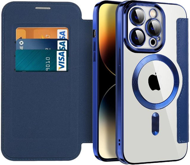 VA VA VOOM Leder Flip Wallet Case mit MagSafe für iPhone 14 13 12 11 Pro Max Plus mit transparenter Abdeckung in Blau - Bild 1