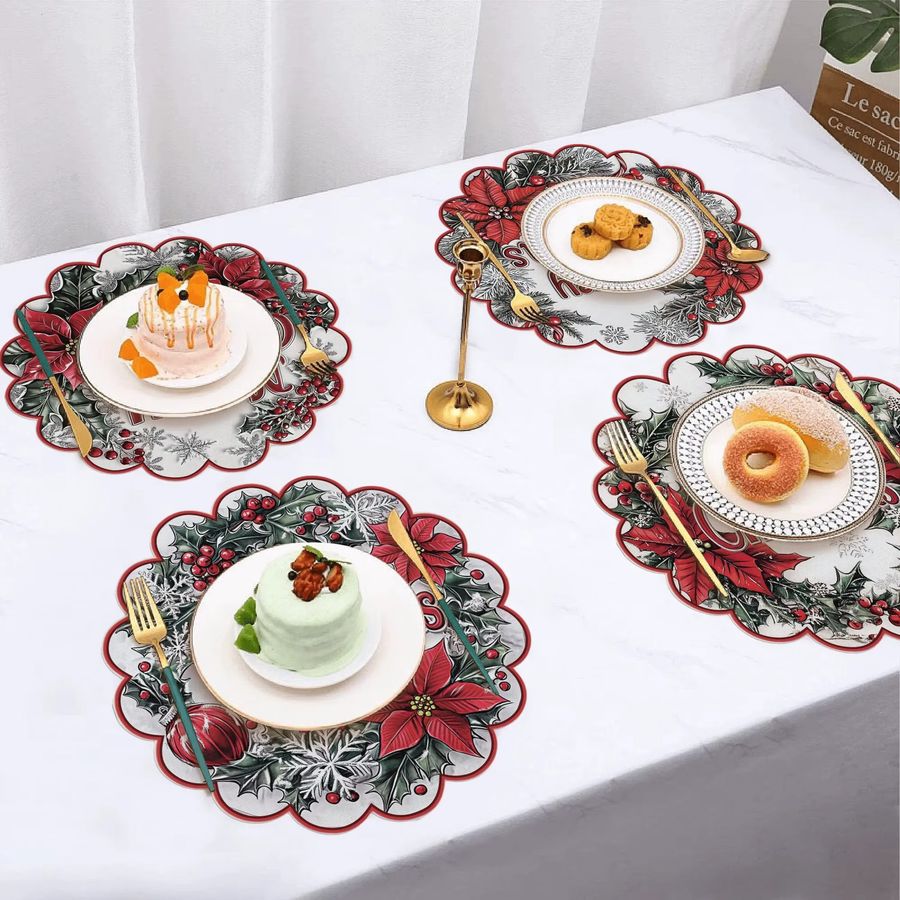 VIKAMA Set aus 4 runden Weihnachts-Stechpalmen-Platzsets für Tischdekoration und Bankette - Bild 3