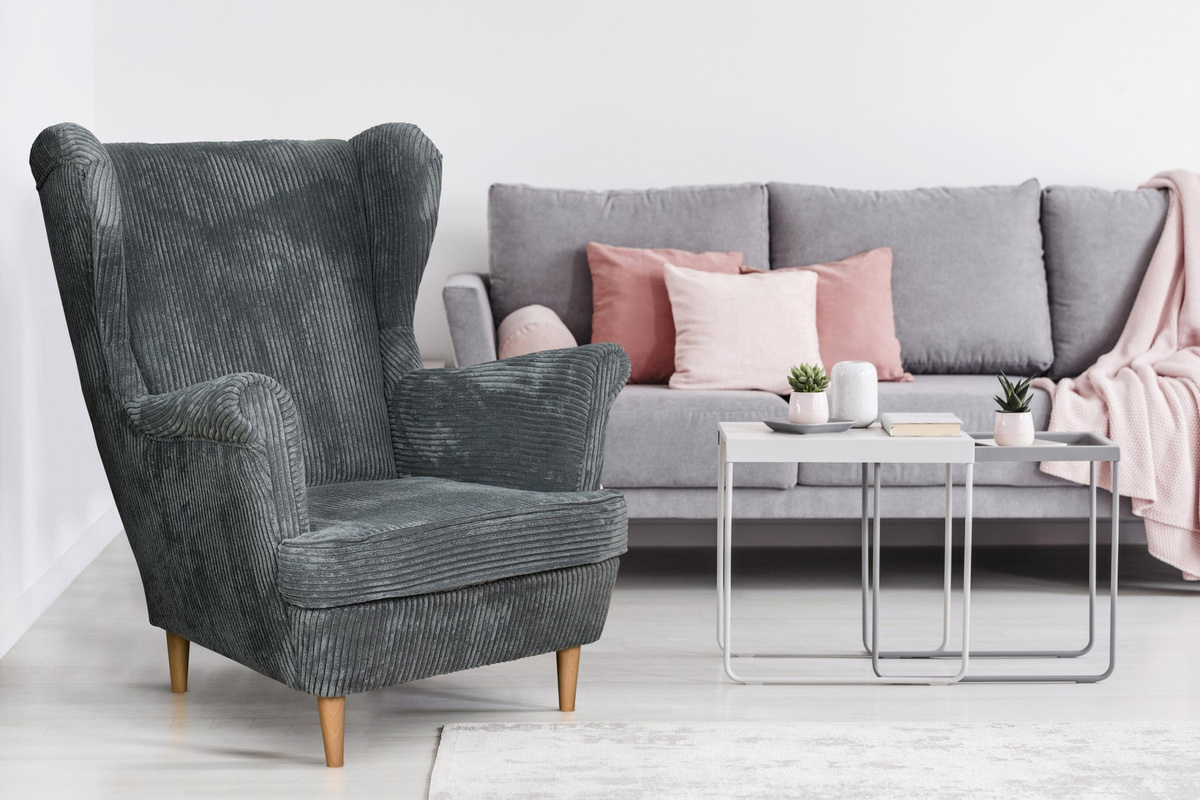 Bonito Ohrensessel mit Fußhocker von Scandinavian Family Meble in Grau aus Cord - Bild 3