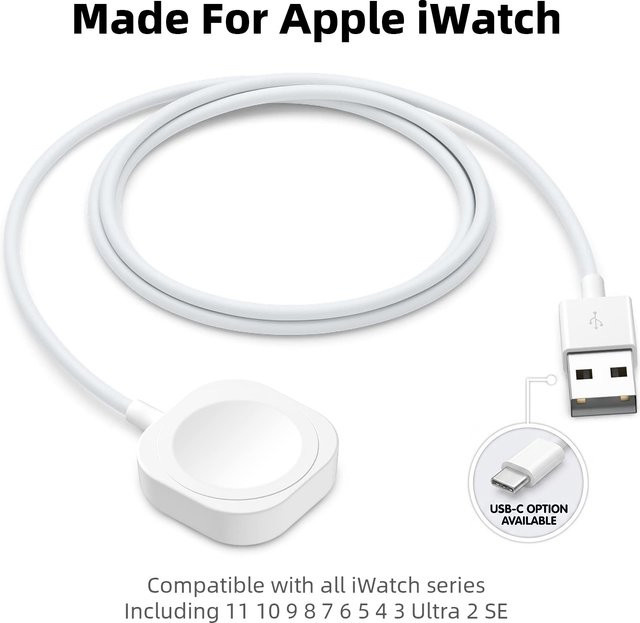 LIEI Magnetisches USB-C Schnellladekabel für Apple Watch, kabelloses Ladegerät für iWatch Ultra, SE und Series 11 bis 2, Farbe: Weiß - Bild 1