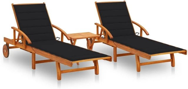 vidaXL Sonnenliegen Set aus Akazien-Massivholz mit Tisch und schwarzen Auflagen - Bild 1