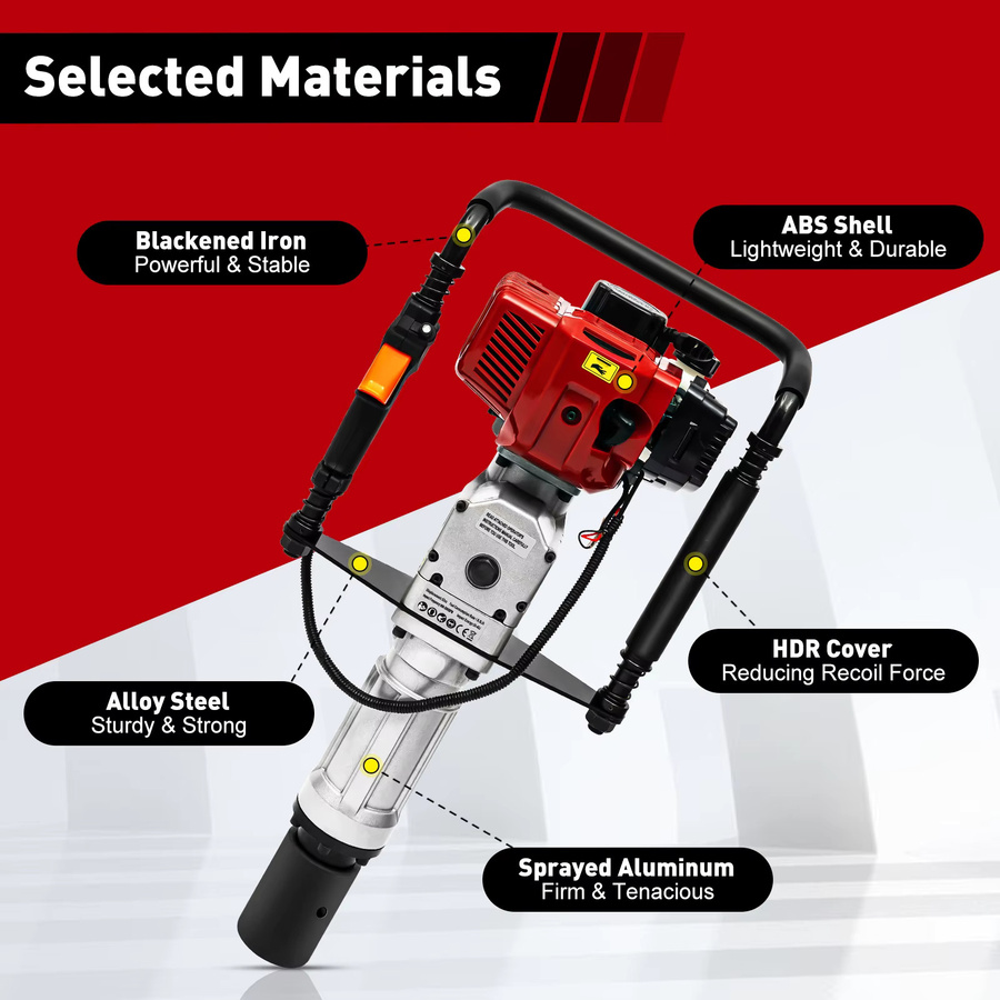 CNCEST Benzinbetriebener Pfahlrammer mit 1900W, 52cc Zweitakt Motor, luftgekühlt, Handstart, inklusive 2 Antriebsköpfen für Zaunpfähle in Schwarz-Rot-Grau - Bild 3