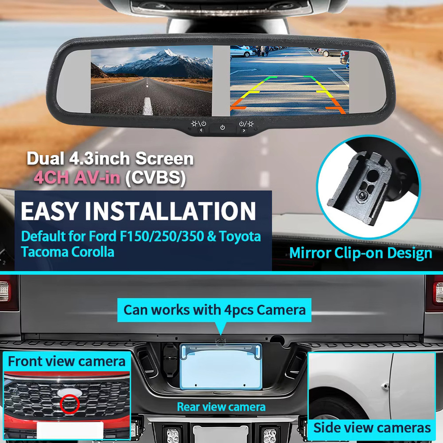 Carsanbo Auto-Rückspiegelmonitor mit 4,3 Zoll TFT LCD Doppelbildschirm, OEM NO.1 Halterung, CVBS Signal und 4CH RCA, Schwarz - Bild 2