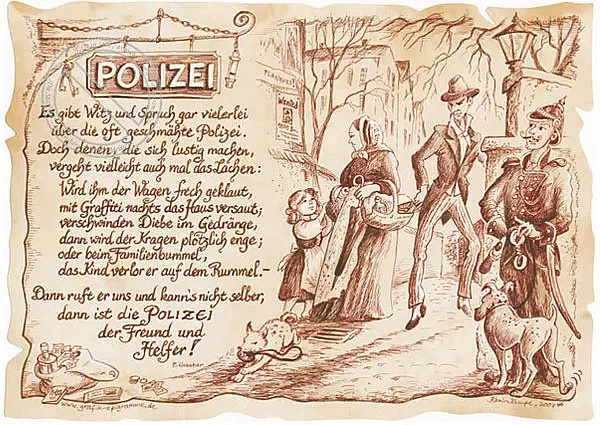 Zunftbild Polizei als Grafik auf Antikpapier im A4-Format, Mehrfarbig - Bild 1
