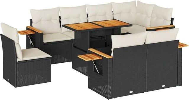 vidaXL 9-teilige Garten-Sofagarnitur in L-Form aus Poly-Rattan und Akazienholz mit Kissen in Schwarz-Creme - Bild 1