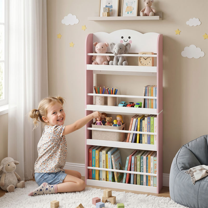 AIYAPLAY Bücherregal für Kinder mit 4 Etagen, Wandmontiertes Montessori Spielzeugregal im Zuckerwatte-Design, Rosa/Weiß, B: 60 cm, T: 15 cm, H: 120 cm - Bild 2
