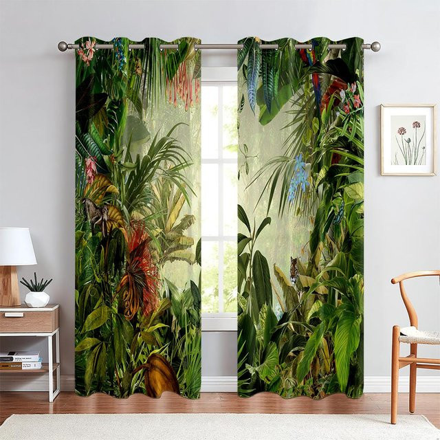 Tier-Fenstervorhänge im Cartoon-Stil für Kinderzimmer mit Tiger, Elefant und Giraffe, 2 Paneele, halbtransparent, Mehrfarbig, Breite: 50 cm, Höhe: 160 cm - Bild 1