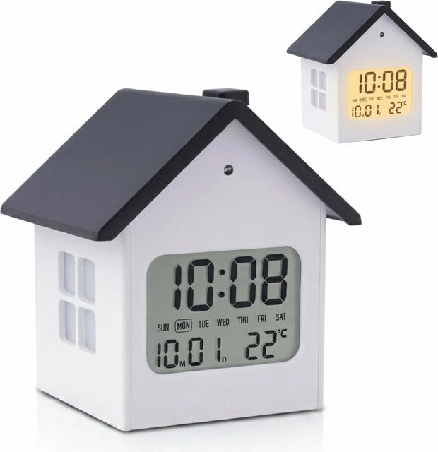 Relaxdays Digitalwecker in Hausform mit Schlummerfunktion und automatischer Hintergrundbeleuchtung, Weiß/Grau, USB-Betrieb - Bild 1