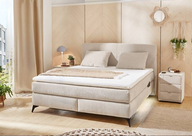 Boxspringbett Kira Mix in Beige mit USB-Ladeport und Bonell-Federkern, Breite: 160 cm, Länge: 200 cm - Bild 1