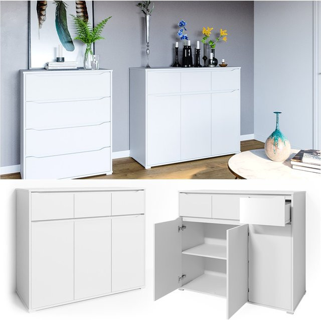 VICCO Kommode RUBEN Sideboard in Weiß mit 3 Schubladen, Breite: 120 cm, Höhe: 48 cm, Tiefe: 48 cm - Bild 1