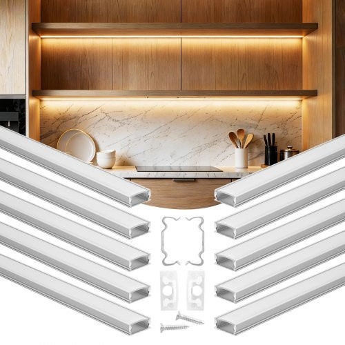 VEVOR LED Profil 10er-Pack, U-Form Aluminiumprofile in Silber mit milchiger Abdeckung für LED-Streifen, ideal für Unterbau-Arbeitsplatten, Länge: 2 m - Bild 1