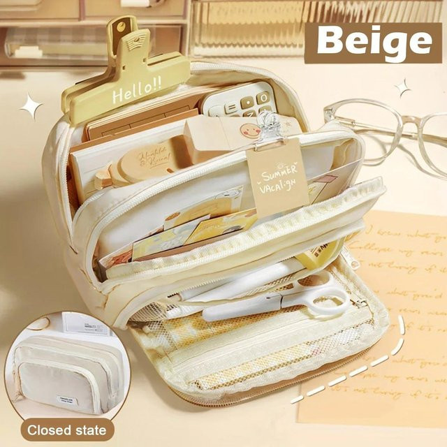Mehrlagiges Federmäppchen aus Textil in Beige mit großem Fassungsvermögen für Schule und Büro - Bild 1
