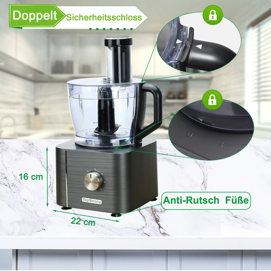 TopStrong 6-in-1 Küchenmaschine mit 800 W, grau, BPA-frei mit Edelstahlbehälter und spülmaschinenfesten Teilen - Bild 3