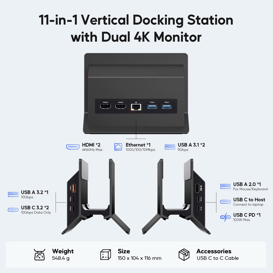 PULWTOP USB C Laptop-Dockingstation in Schwarz mit Dual-Monitor-Unterstützung, 2 HDMI 4K, USB A/C 10 Gbit/s, USB-A 5 Gbit/s und Ethernet für Typ-C-Laptops - Bild 2