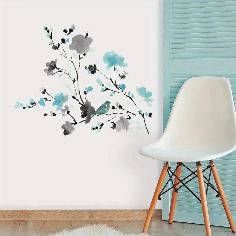BRUP Wandaufkleber mit floralem Aquarell-Tusche-Design in Blau, abnehmbare Wanddekoration mit Blumen und Vogelzweig für Schlafzimmer und Wohnzimmer - Bild 2