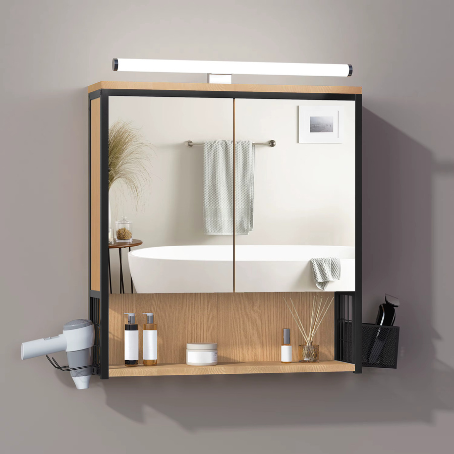 Eugad Badezimmer-Wandschrank mit LED-Spiegel und Haartrocknerhalter in Eiche und Schwarz - Bild 2