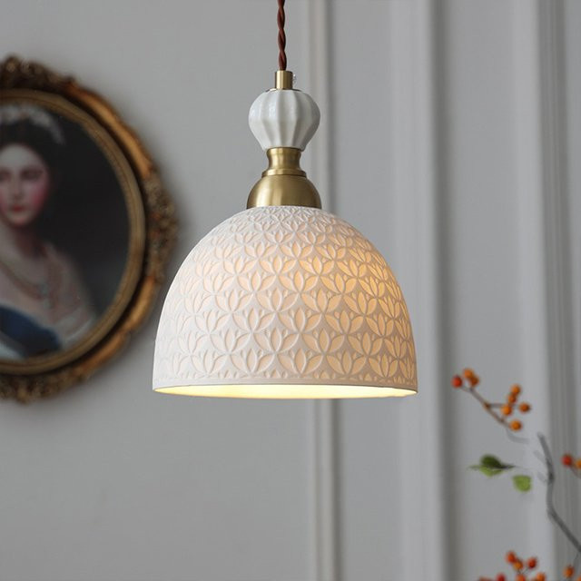 Retro Nachttischlampe aus Keramik und Messing in Cremeweiß mit transparentem Schirm für Schlafzimmer und Esszimmer - Bild 1