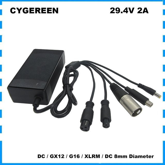 CYGEREEN Lithium-Ladegerät 29,4V 2A für 7S 24V Li-Ionen-Akkus mit 5-in-1-Stecker (GX12, GX16, XLRM, 8 mm), Schwarz - Bild 1