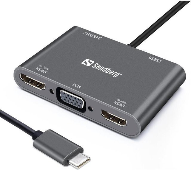 Sandberg USB-C Dockingstation mit 2x HDMI, 1x VGA und USB, 4K Ultra HD, Grau (136-35) - Bild 1