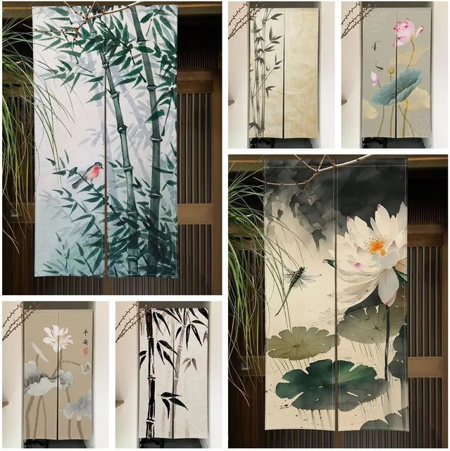 VIKAMA Halbvorhänge aus Leinen im japanischen Stil mit floralem Design, Multicolour - Bild 1