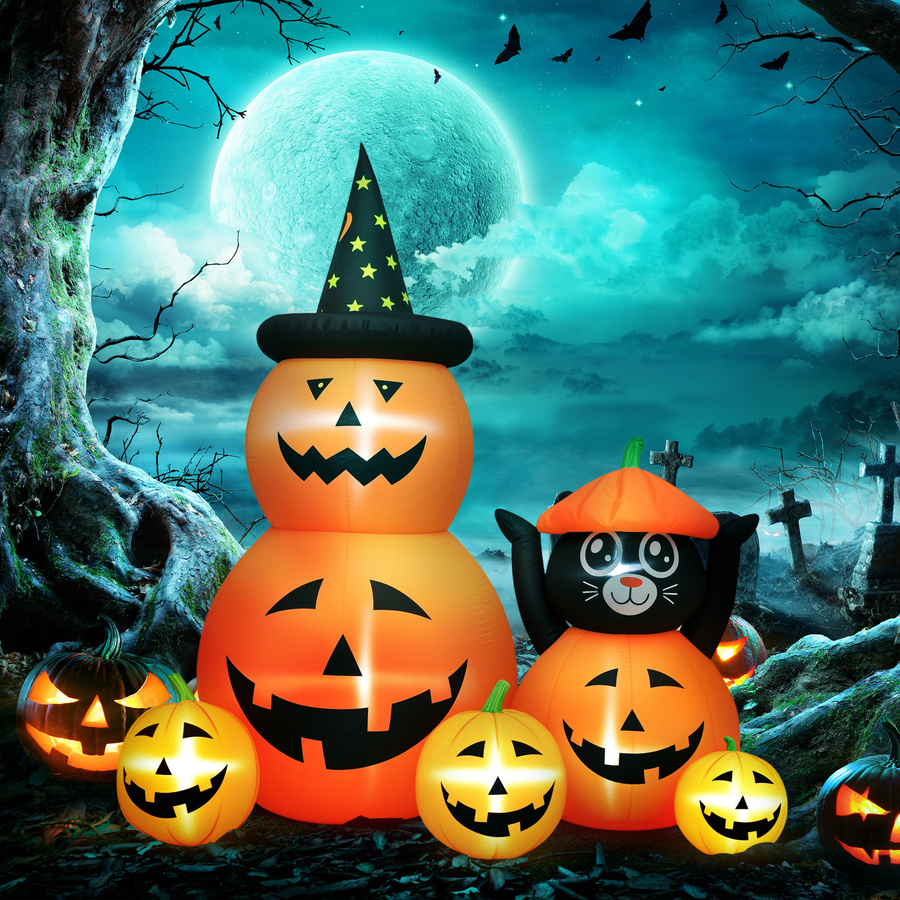Outsunny Aufblasbarer Halloween-Kürbis mit Katze in Orange mit LED-Lichtern und Inflator, H x B x T: 180 x 100 x 160 cm - Bild 2