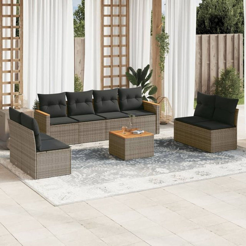Vidaxl Gartenmöbel-Set aus Polyrattan mit Kissen, 9-teilig, Grau, Modernes Design - Bild 1