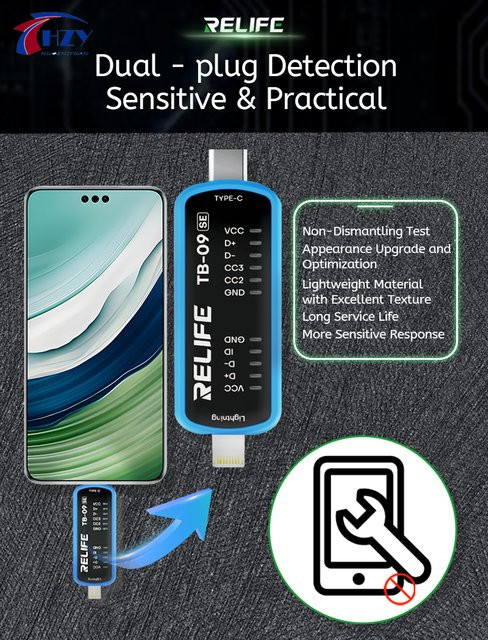RELIFE TB-09 SE Handy-Ladeanschluss-Tester mit Blitz- und Typ-C-Schnittstelle, Dual-Stecker und automatischer Fehlererkennung in Blau - Bild 1