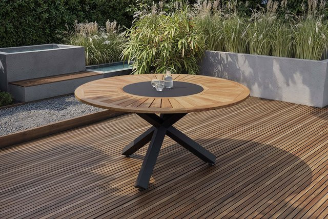 OUTFLEXX Esstisch für Garten und Terrasse aus Aluminium und Teakholz in Anthrazit matt mit Glasinlay, Durchmesser: 150 cm, Höhe: 75,5 cm - Bild 1