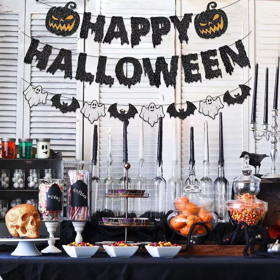 Runtowo Happy Halloween Papier Hängegirlande mit Kürbis-Motiven in Schwarz - Bild 2