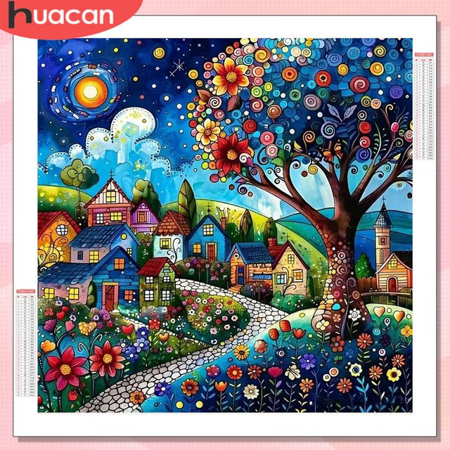 HUACAN Diamantmalerei Baum-Landschaft-Haus, Mosaik Komplettset, ab 14 Jahren - Bild 1