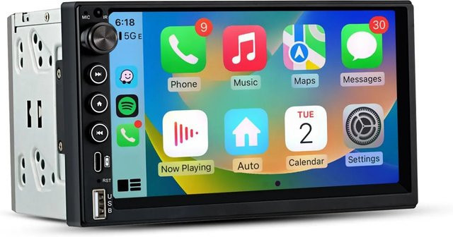 Junsun 7 Zoll IPS 2 DIN Car Radio mit Apple CarPlay und Android Auto, Bluetooth, USB-C, FM/AM und Rückfahrkamera, Schwarz - Bild 1