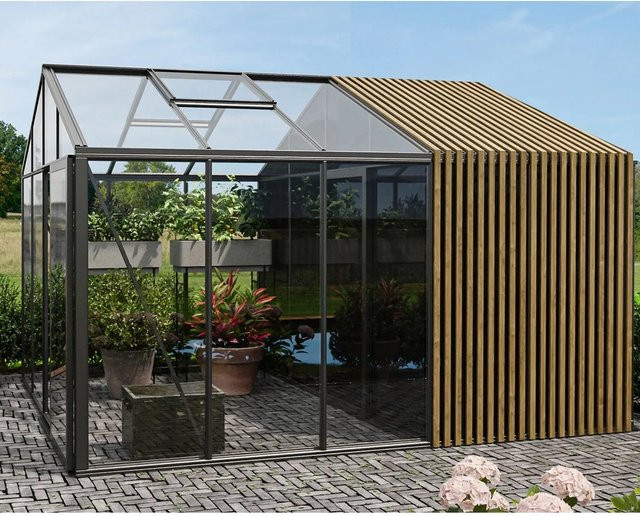 Bloomcabin Gewächshaus Klassik mit integriertem Stauraum, Accoya-Fusion, Schwarz, Sicherheitsglas, Aluminium und Holz - Bild 1