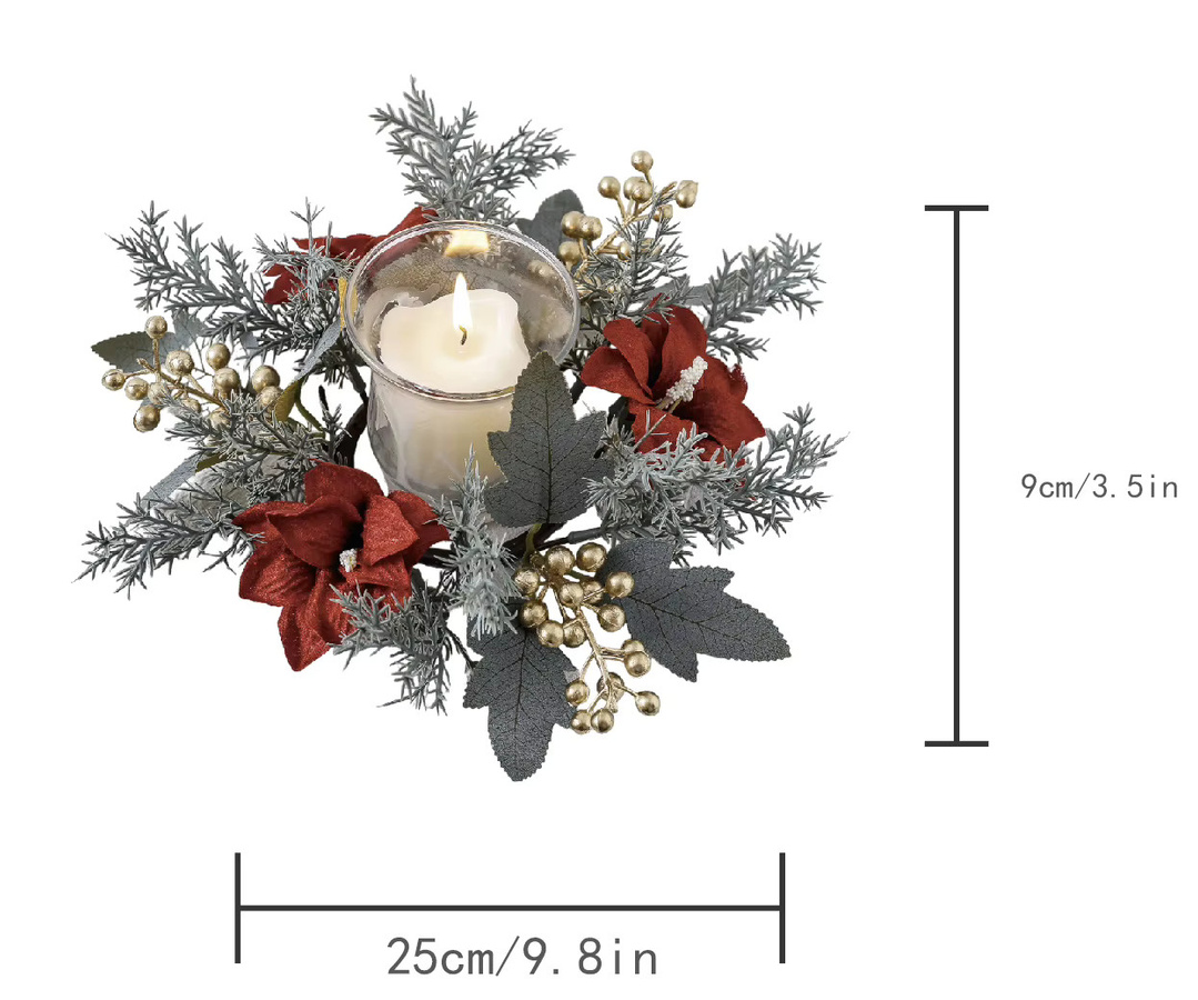 DUTRIEUX Kerzenkranz Girlande mit roten Weihnachtssternen und grünen Kiefernzweigen in Textiloptik für Tisch, Kamin oder Tür - Bild 4