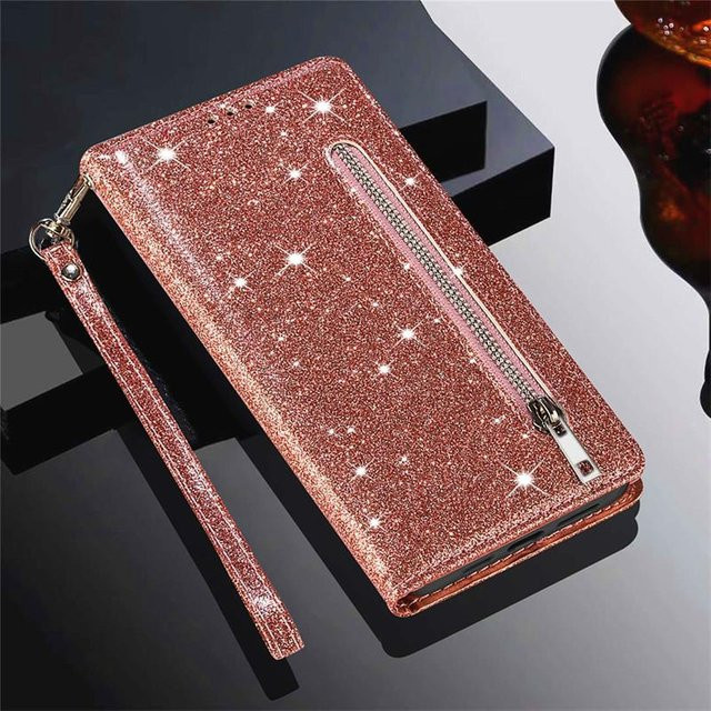 Glitzer Lederhülle mit Reißverschluss als Flip-Brieftasche für Samsung Galaxy S26 S25 S24 S23 S22 S21 S20 S10 Plus Note 20 5G in Pink und Multicolour - Bild 1