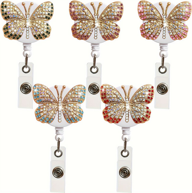 Elegante Abzeichenrolle mit rotem Strass-Schmetterling und Metallclip, 60 cm einziehbares Lanyard mit 360 Grad drehbarem Haken - Bild 1