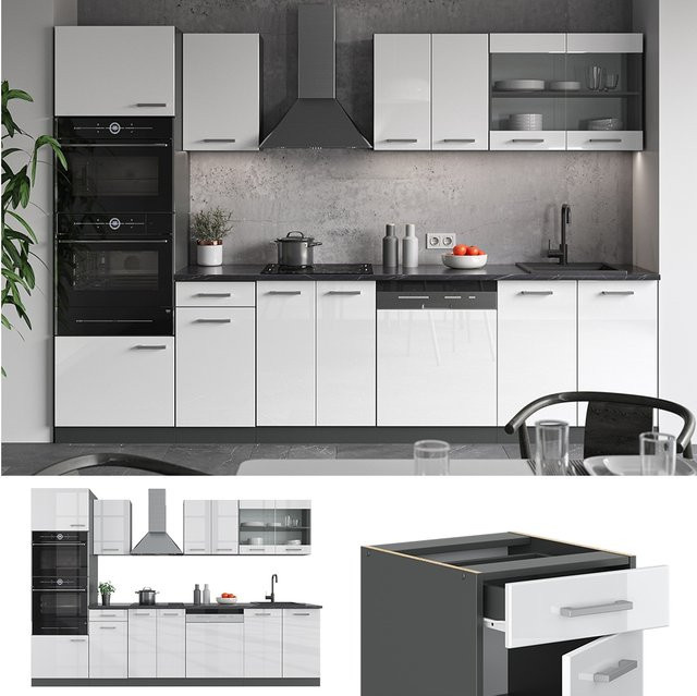 Vicco R-Line Küchenzeile in Weiß Hochglanz und Anthrazit mit Hochschrank, Breite: 300 cm - Bild 1