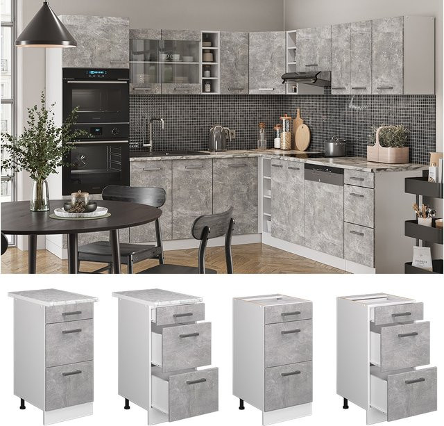 Vicco Küchenunterschrank R-Line mit Schubladen in Weiß und Beton-Optik mit Marmor-Arbeitsplatte, Breite: 40 cm - Bild 1