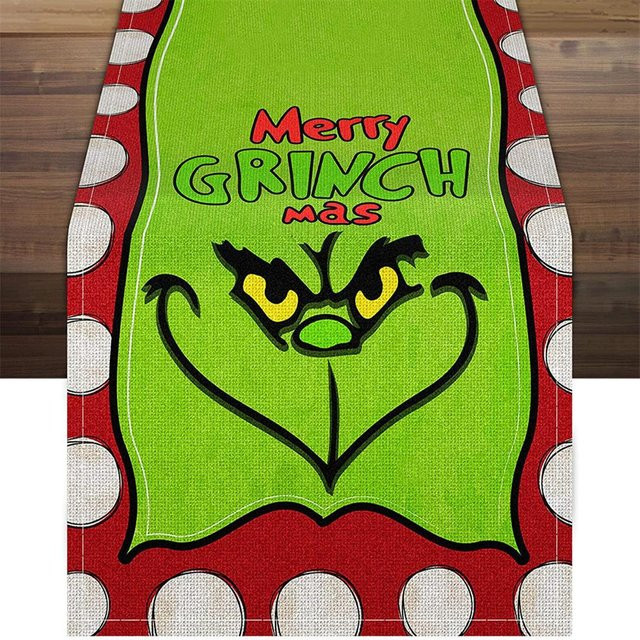 Weihnachtstischläufer von happybuySE in Grün und Schwarz mit Grinch-Motiv aus Polyester und Leinen - Bild 1