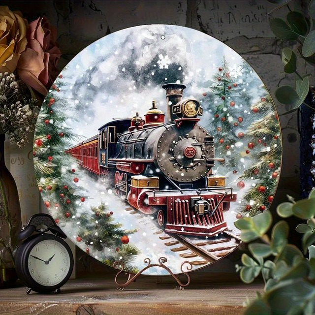 Potdemiel Retro Polar Train Metallschild rund, Aluminium-Wandkunst mit Schneeschleppe, Durchmesser: 20,32 cm - Bild 1