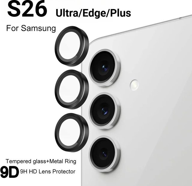 HD gehärtete Glas Objektivschutzfolie mit Legierungsring für Samsung Galaxy S26, S25 Edge und S24 Ultra Plus in Schwarz und Silber - Bild 1