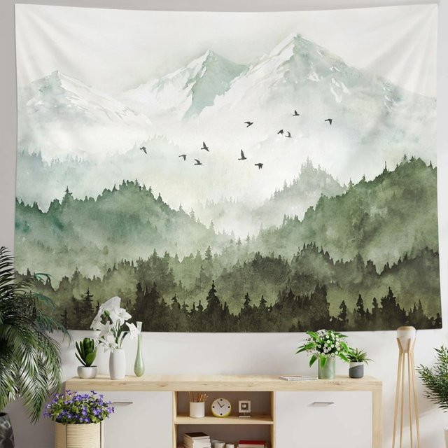 VIKAMA Wandteppich mit grüner Zedernlandschaft im Aquarellstil, Breite: 60 cm, Höhe: 40 cm - Bild 1