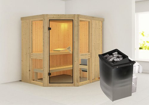 Karibu Sauna Pölva 1 aus Fichtenholz mit 9 kW Saunaofen und integrierter Steuerung für 3 Personen, beige, B/T/H: 170 x 198 x 196 cm - Bild 1