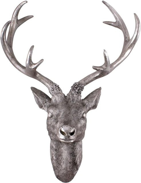 Lex Hirschkopf Wanddeko Silber, Wandschmuck Figur mit Geweih, Breite: 47,5 cm, Höhe: 61 cm - Bild 1