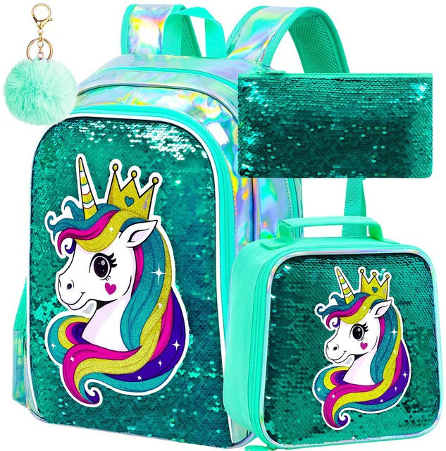 Fancy Style Studio 3-in-1 Einhorn-Rucksack Set für Mädchen in Minzgrün und Türkis mit Wende-Pailletten, Schultasche inklusive Brotdose und Federmäppchen - Bild 1