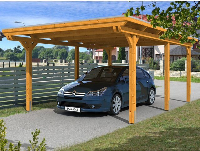 Skan Holz Einzelcarport Emsland aus Leimholz Eiche hell, B/T: 404 x 604 cm, Firsthöhe: 242 cm, farbbehandelt braun - Bild 1