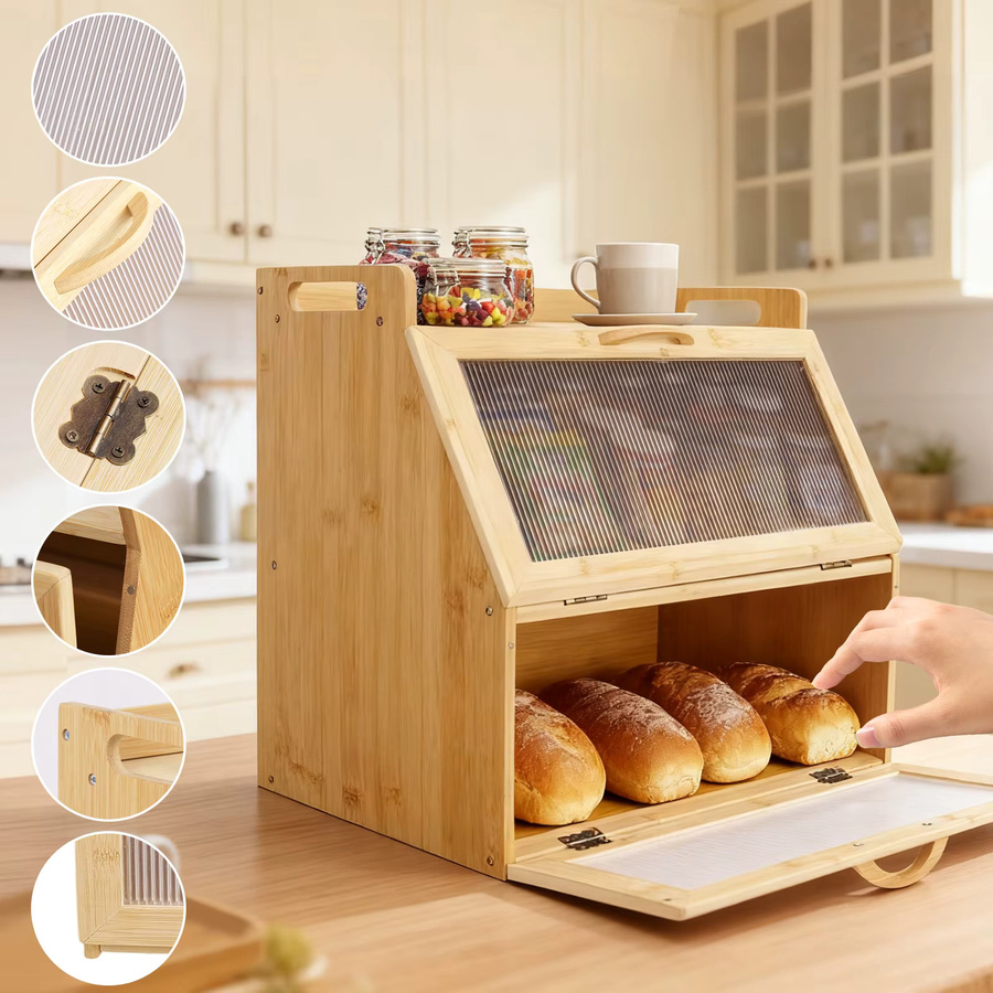 Doppelschichtige Holz-Brotbox im Landhausstil für deine Küchen-Aufbewahrung, Farbe: Braun/Gelb, B/T/H: 37,8 x 28,0 cm - Bild 2